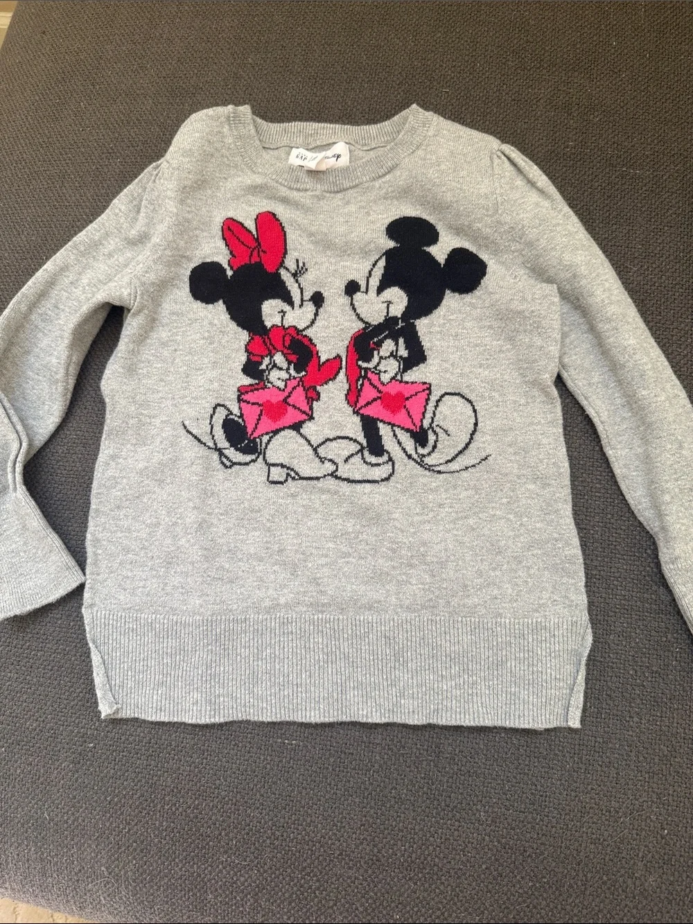 GAP Girls Gray Sweater with Pink Minnie & Mickey Envelope Graphic